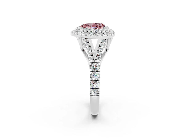 White gold Heart Cut Morganite Double Halo Ring with Split Shank and Prong Setting