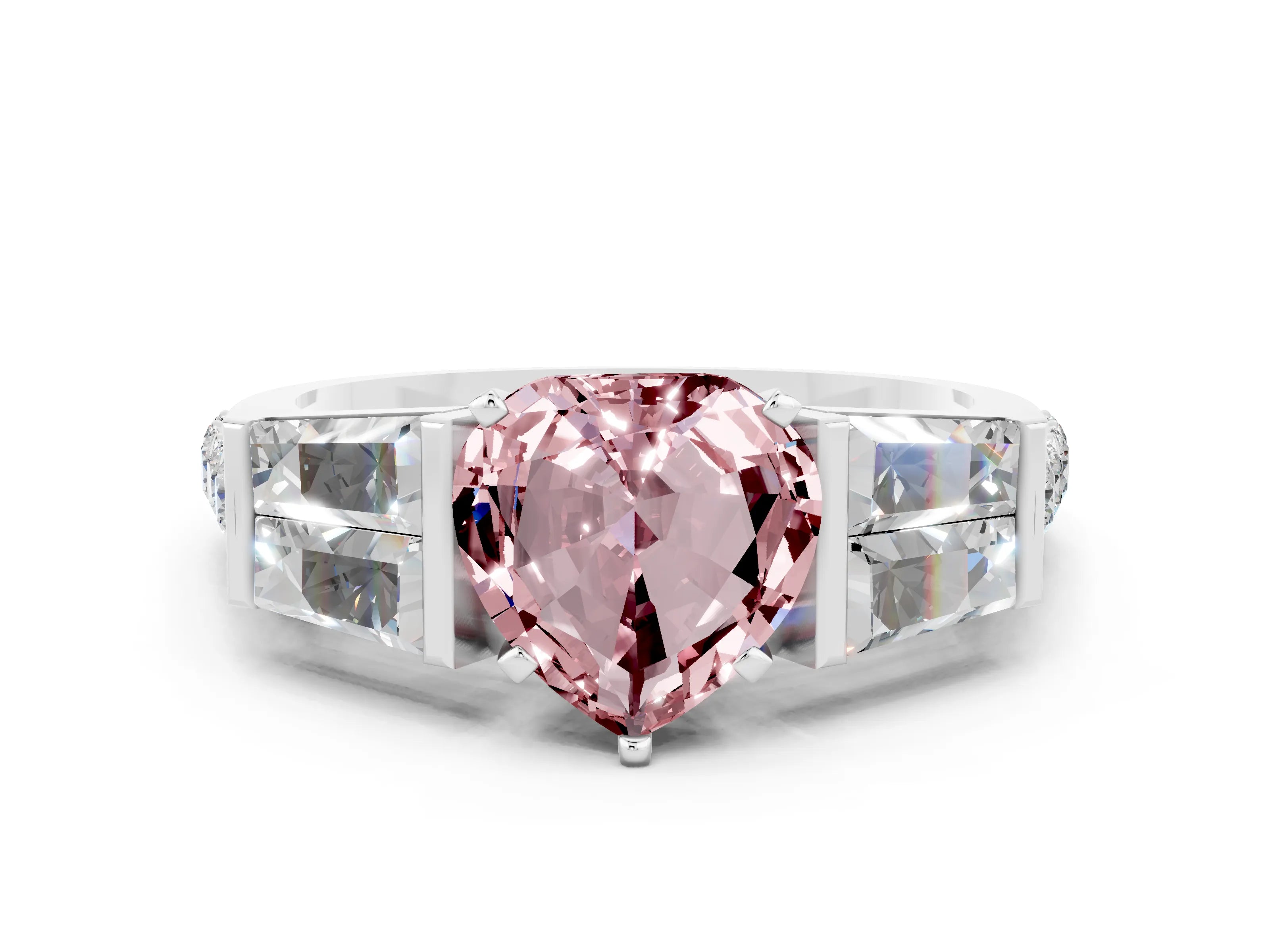 White gold Heart Cut Morganite Engagement Ring with Baguette Side Stones and Channel Set Band