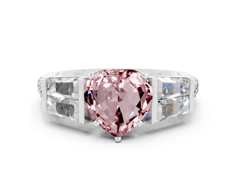 White gold Heart Cut Morganite Engagement Ring with Baguette Side Stones and Channel Set Band