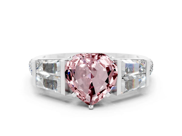 White gold Heart Cut Morganite Engagement Ring with Baguette Side Stones and Channel Set Band