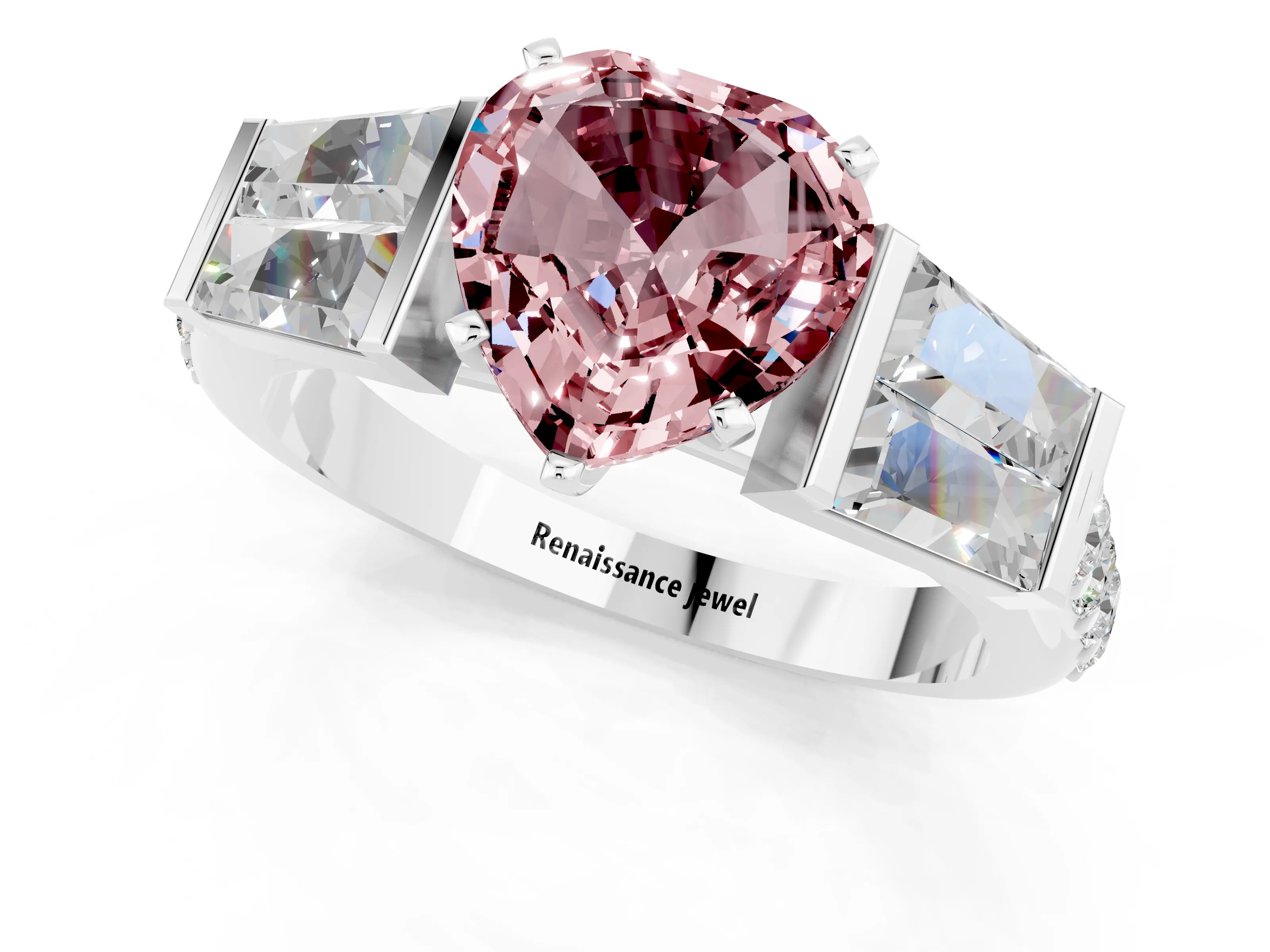 White gold Heart Cut Morganite Engagement Ring with Baguette Side Stones and Channel Set Band_1