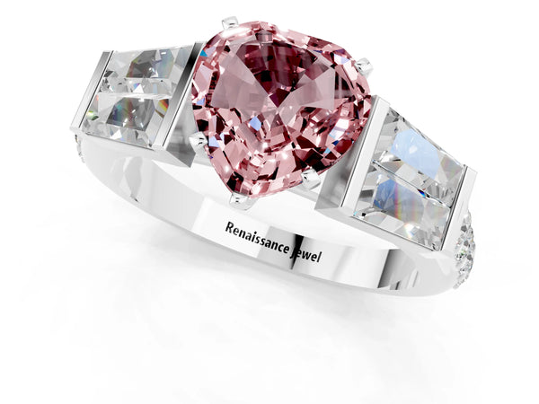 White gold Heart Cut Morganite Engagement Ring with Baguette Side Stones and Channel Set Band