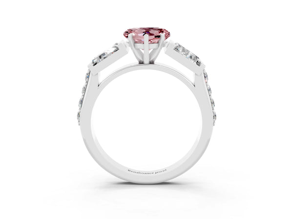 Platinum Heart Cut Morganite Engagement Ring with Baguette Side Stones and Channel Set Band