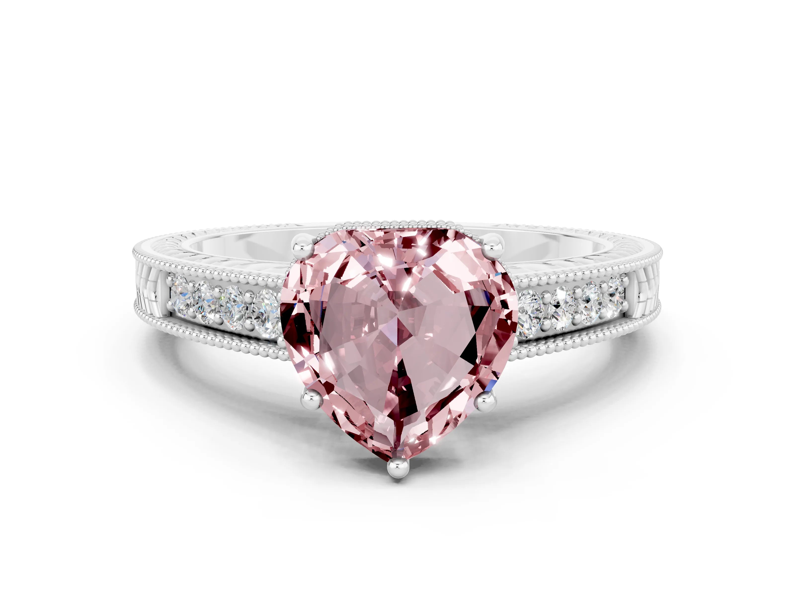 White gold Heart Cut Morganite Engagement Ring with Milgrain Channel Set Band and Prong Setting