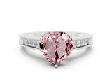 White gold Heart Cut Morganite Engagement Ring with Milgrain Channel Set Band and Prong Setting