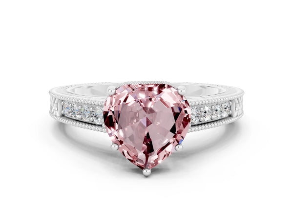 Silver Heart Cut Morganite Engagement Ring with Milgrain Channel Set Band and Prong Setting