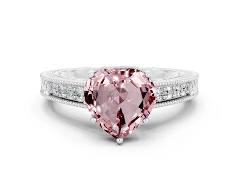 White gold Heart Cut Morganite Engagement Ring with Milgrain Channel Set Band and Prong Setting