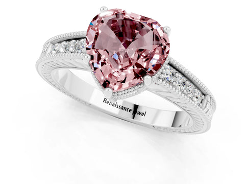 White gold Heart Cut Morganite Engagement Ring with Milgrain Channel Set Band and Prong Setting_1