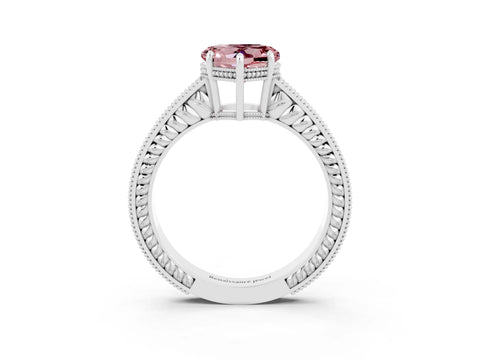 White gold Heart Cut Morganite Engagement Ring with Milgrain Channel Set Band and Prong Setting_3