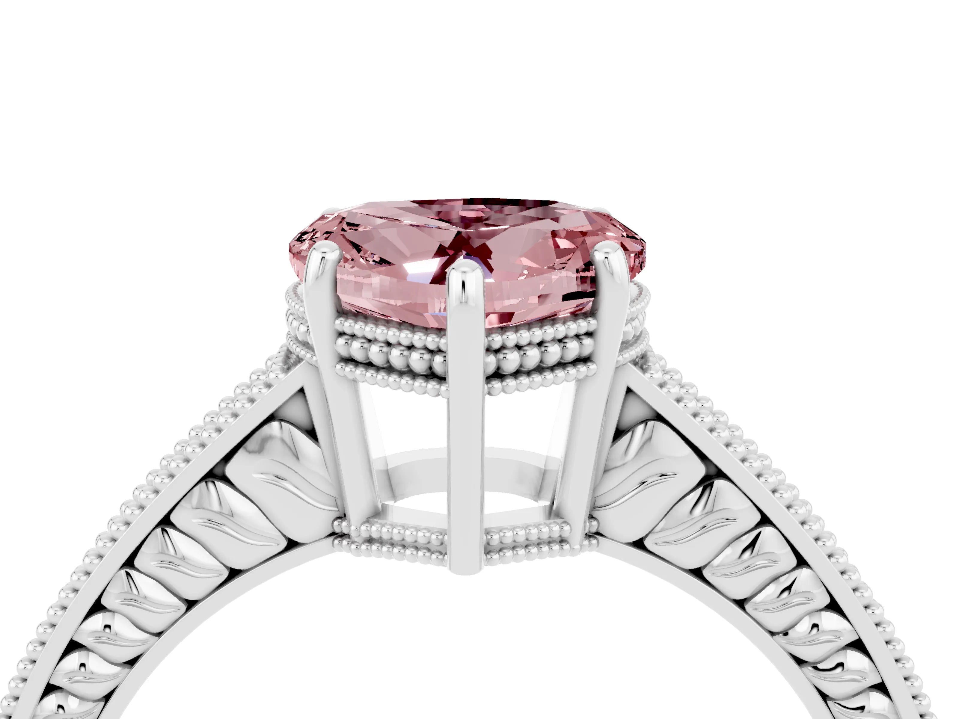 White gold Heart Cut Morganite Engagement Ring with Milgrain Channel Set Band and Prong Setting_4