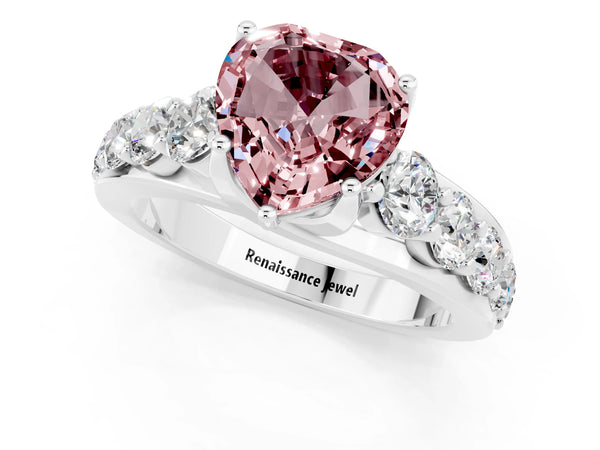 White gold Heart Cut Morganite Engagement Ring with Pavé Band and Four-Prong Setting