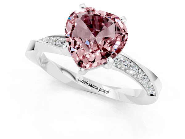 Silver Heart Cut Morganite Engagement Ring with Side Stone Accents and Four-Prong Setting
