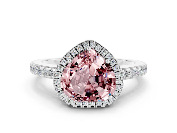 White gold Heart Cut Morganite Halo Engagement Ring with Pavé Band and Prong Setting