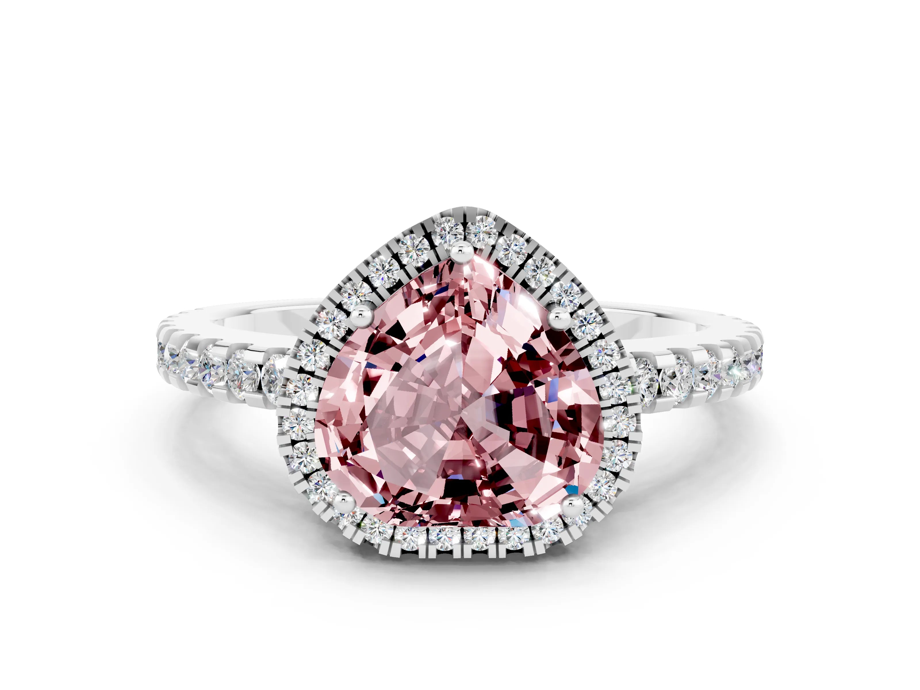 White gold Heart Cut Morganite Halo Engagement Ring with Pavé Band and Prong Setting_12