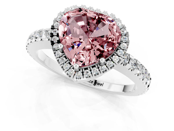 White gold Heart Cut Morganite Halo Engagement Ring with Pavé Band and Prong Setting