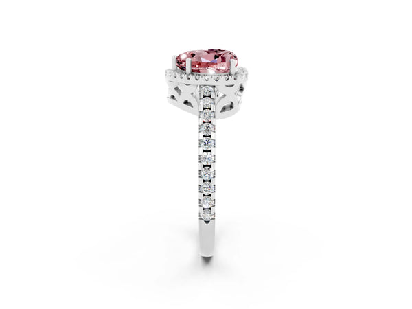 Platinum Heart Cut Morganite Halo Engagement Ring with Pavé Band and Prong Setting
