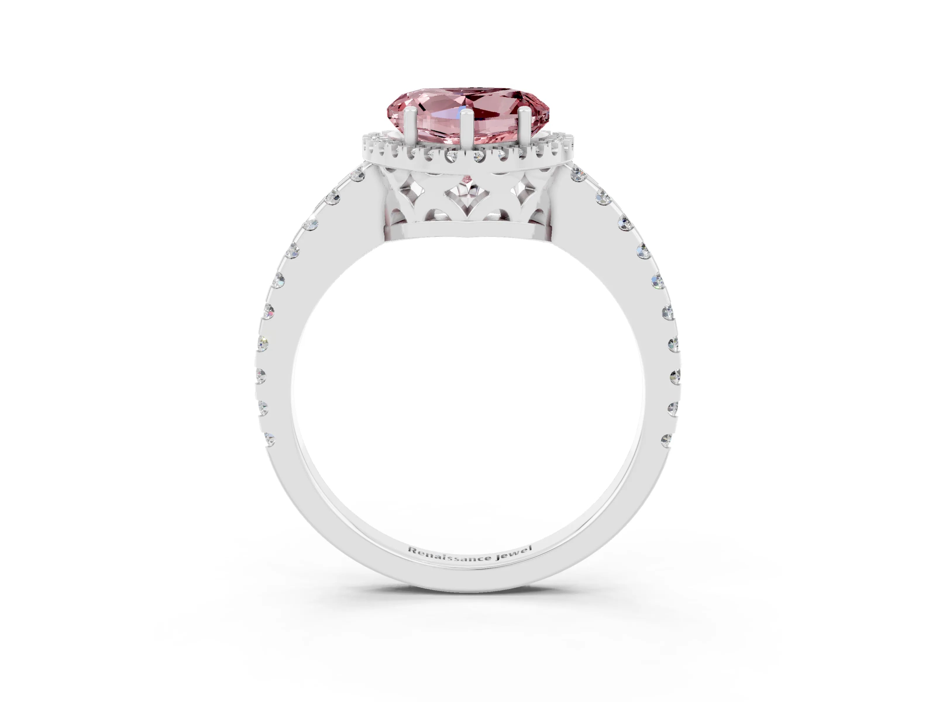 White gold Heart Cut Morganite Halo Engagement Ring with Pavé Band and Prong Setting_15