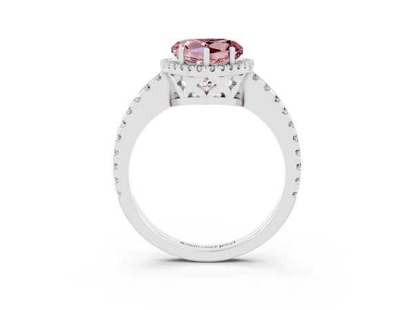 White gold Heart Cut Morganite Halo Engagement Ring with Pavé Band and Prong Setting