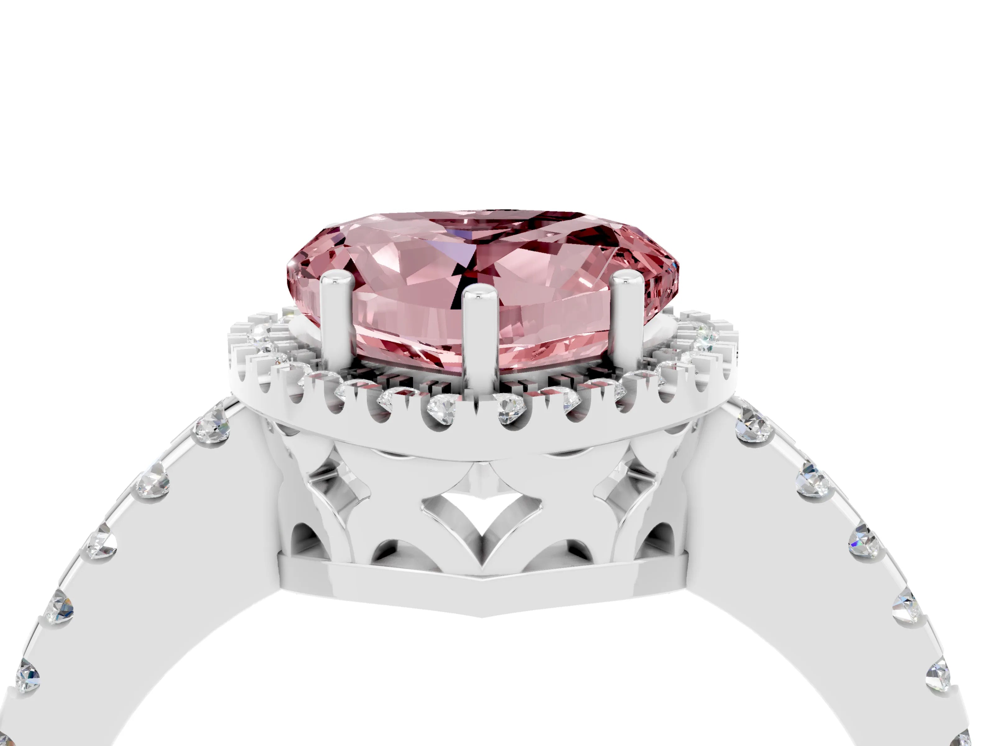 White gold Heart Cut Morganite Halo Engagement Ring with Pavé Band and Prong Setting_16