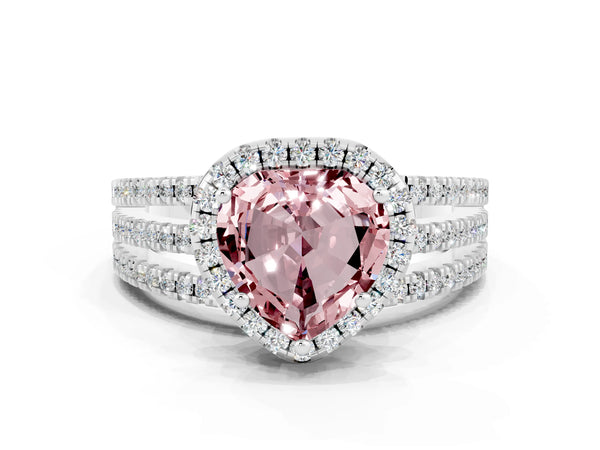 Platinum Heart Cut Morganite Halo Engagement Ring with Split Shank and Four-Prong Setting