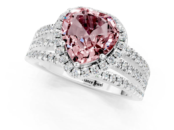 Silver Heart Cut Morganite Halo Engagement Ring with Split Shank and Four-Prong Setting