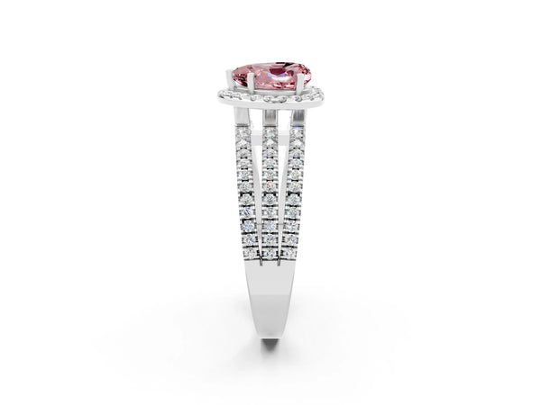 Silver Heart Cut Morganite Halo Engagement Ring with Split Shank and Four-Prong Setting