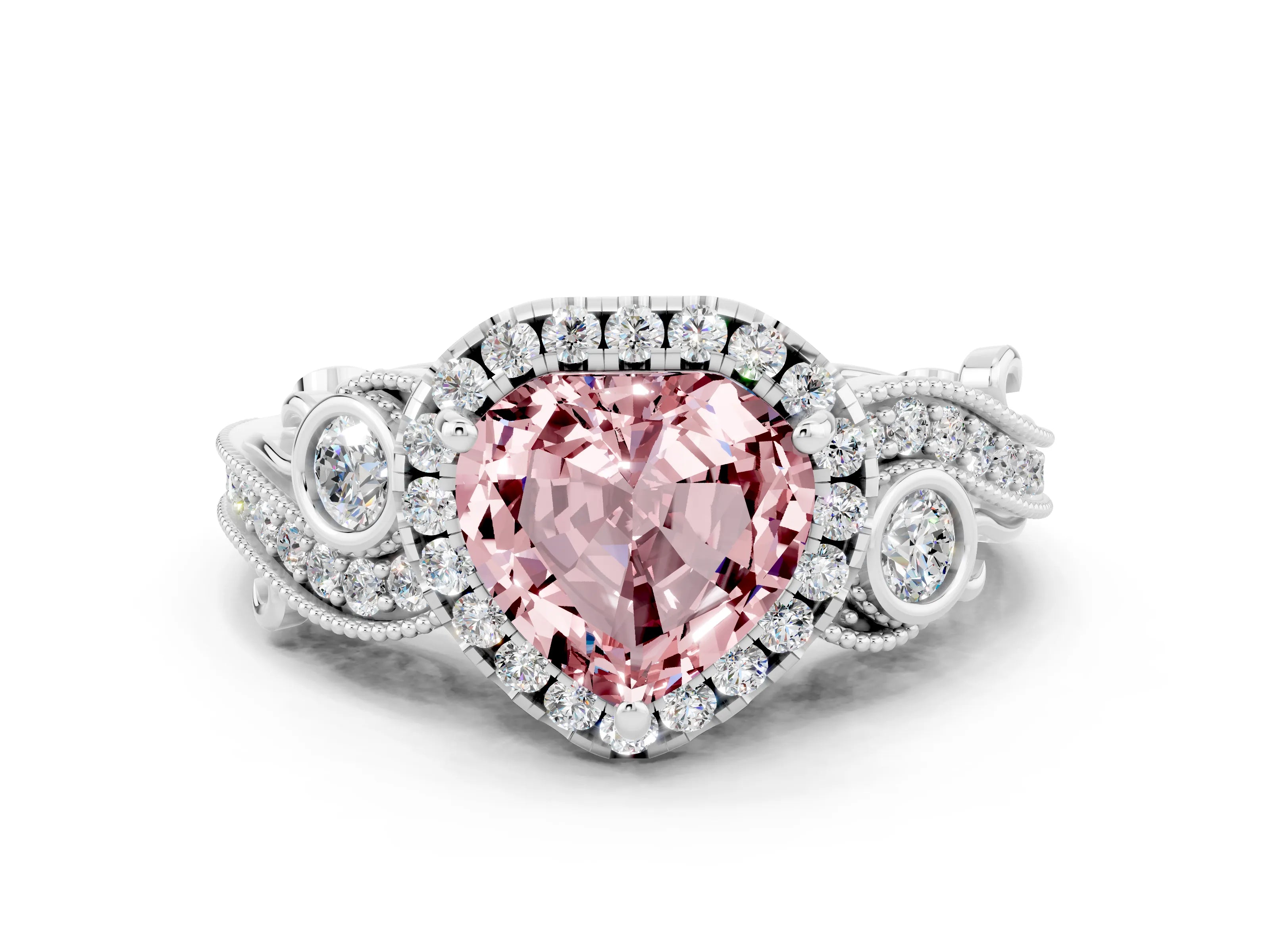 White gold Heart Cut Morganite Halo Ring with Milgrain Pavé Band and Four-Prong Setting_12