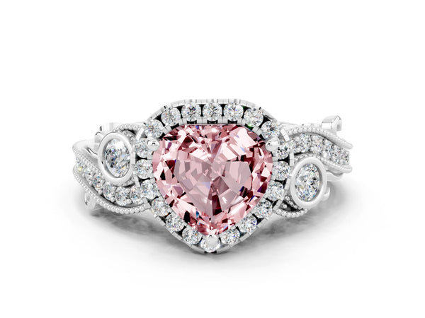 White gold Heart Cut Morganite Halo Ring with Milgrain Pavé Band and Four-Prong Setting