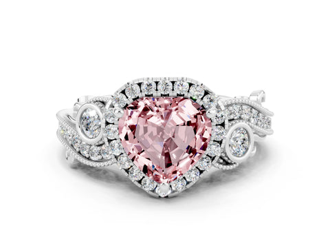 White gold Heart Cut Morganite Halo Ring with Milgrain Pavé Band and Four-Prong Setting_12