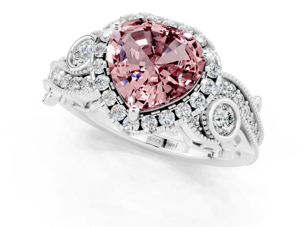 Platinum Heart Cut Morganite Halo Ring with Milgrain Pavé Band and Four-Prong Setting