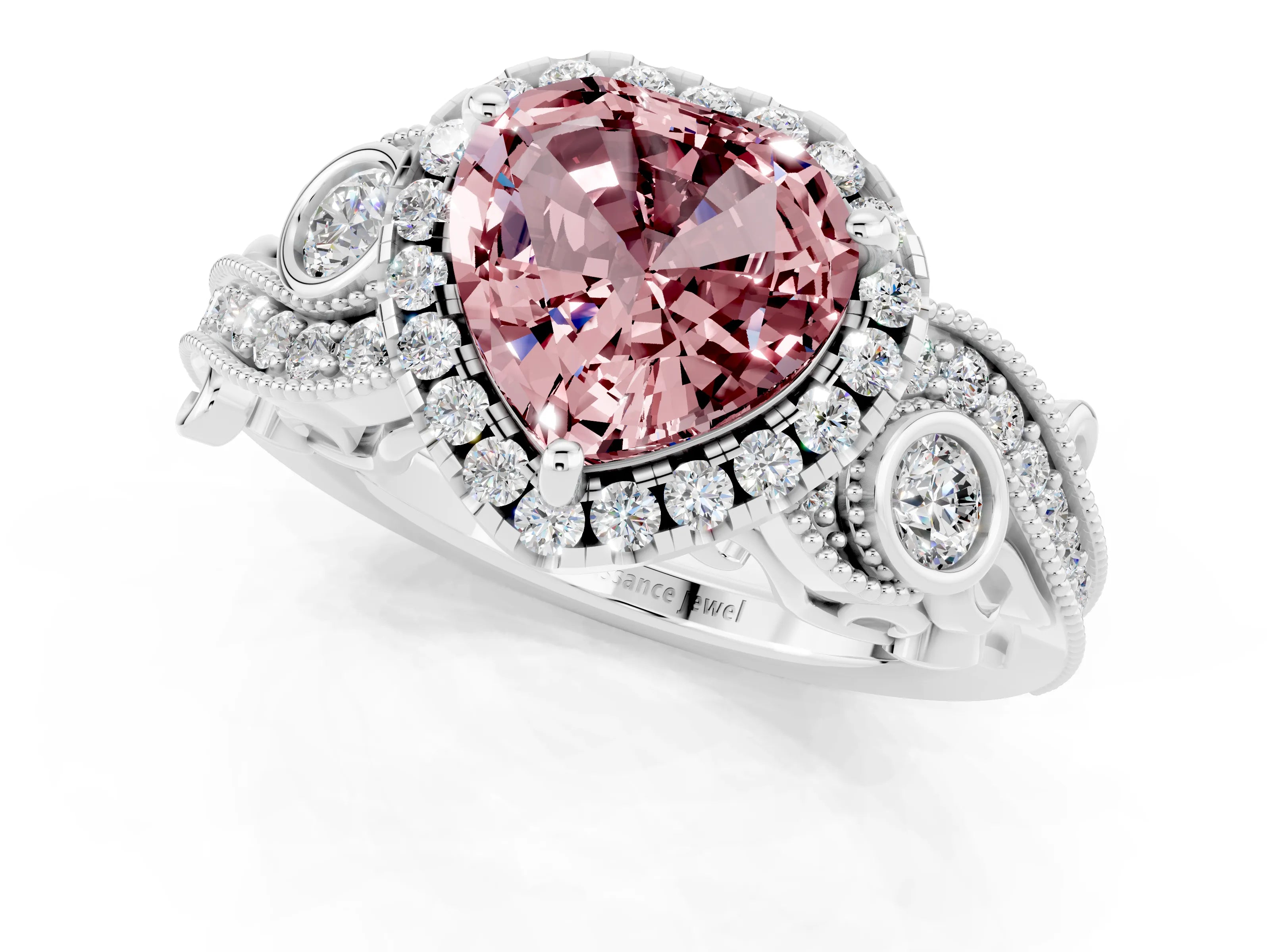 White gold Heart Cut Morganite Halo Ring with Milgrain Pavé Band and Four-Prong Setting_13