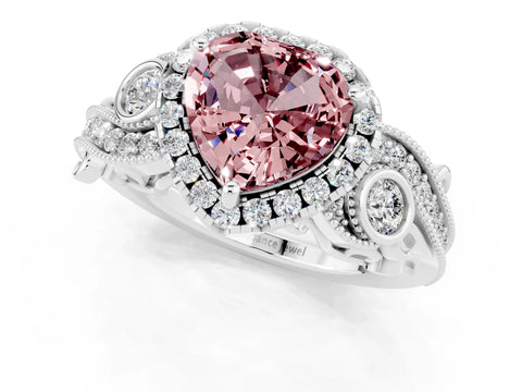 White gold Heart Cut Morganite Halo Ring with Milgrain Pavé Band and Four-Prong Setting_13