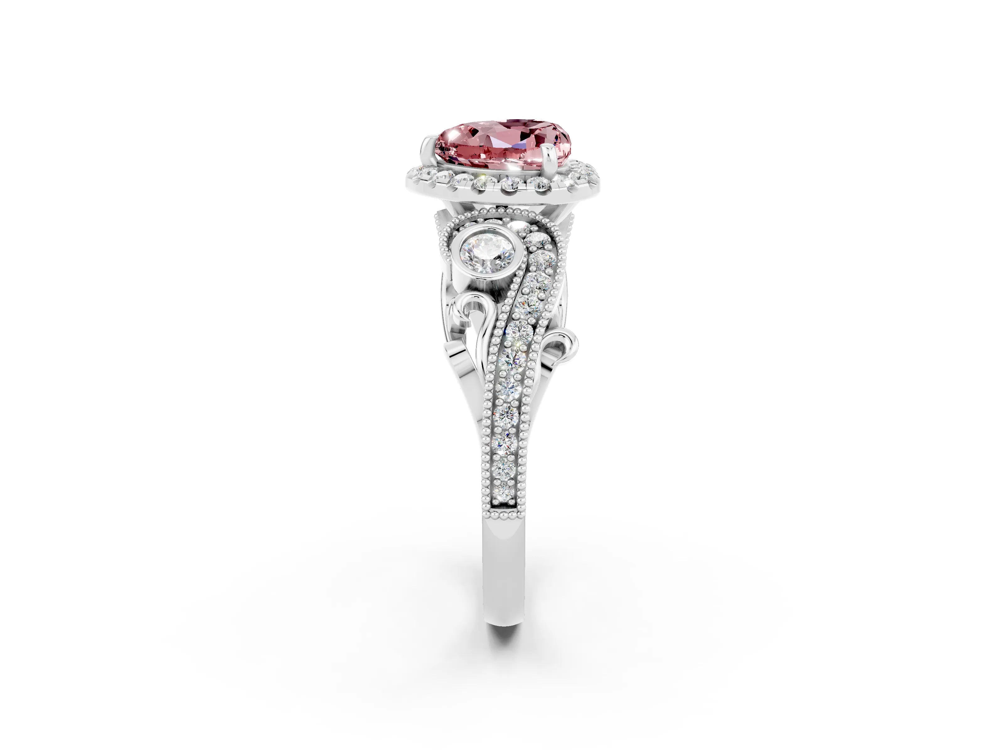 White gold Heart Cut Morganite Halo Ring with Milgrain Pavé Band and Four-Prong Setting_14