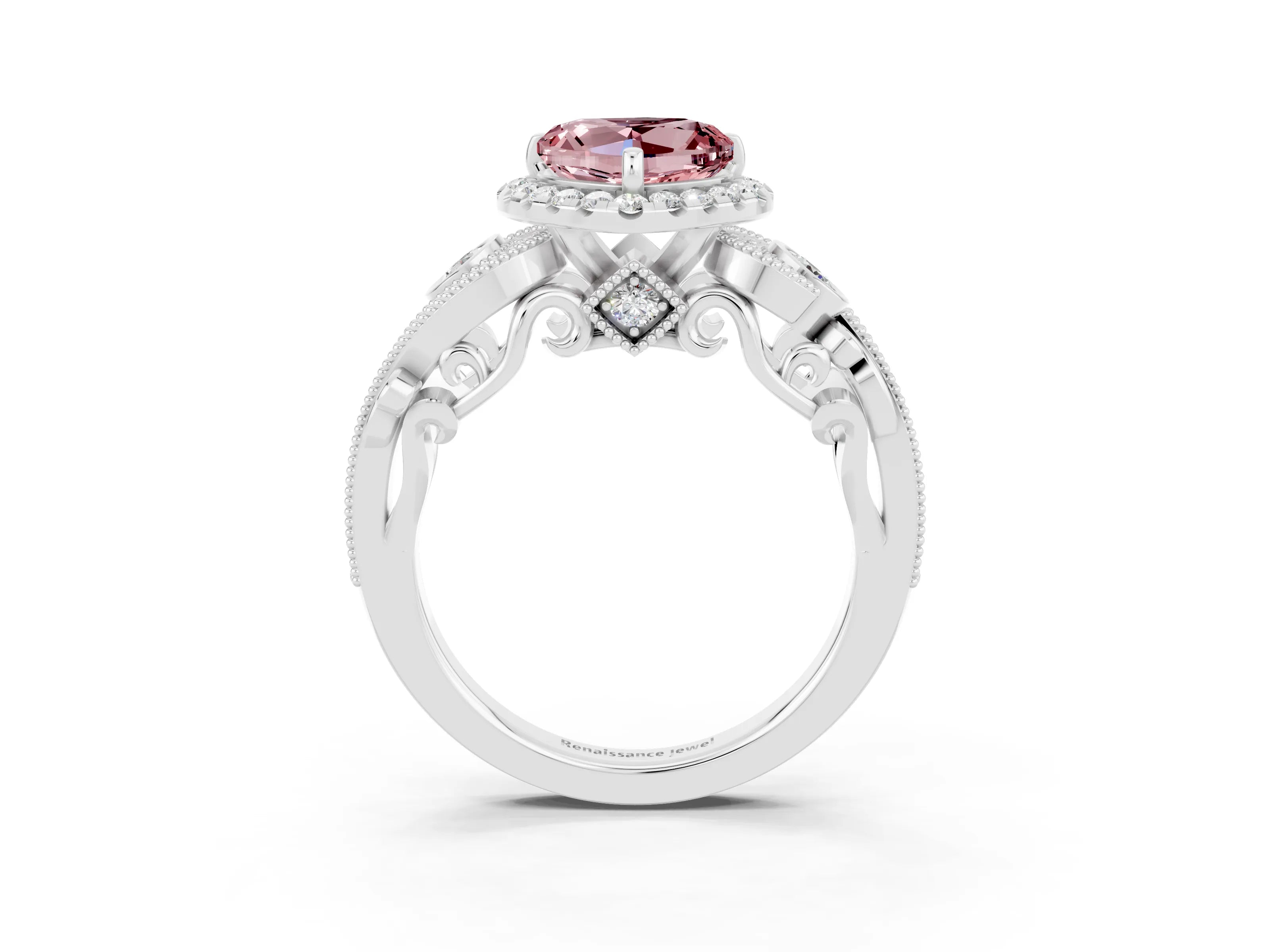 White gold Heart Cut Morganite Halo Ring with Milgrain Pavé Band and Four-Prong Setting_15