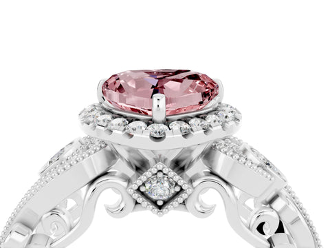 White gold Heart Cut Morganite Halo Ring with Milgrain Pavé Band and Four-Prong Setting_16