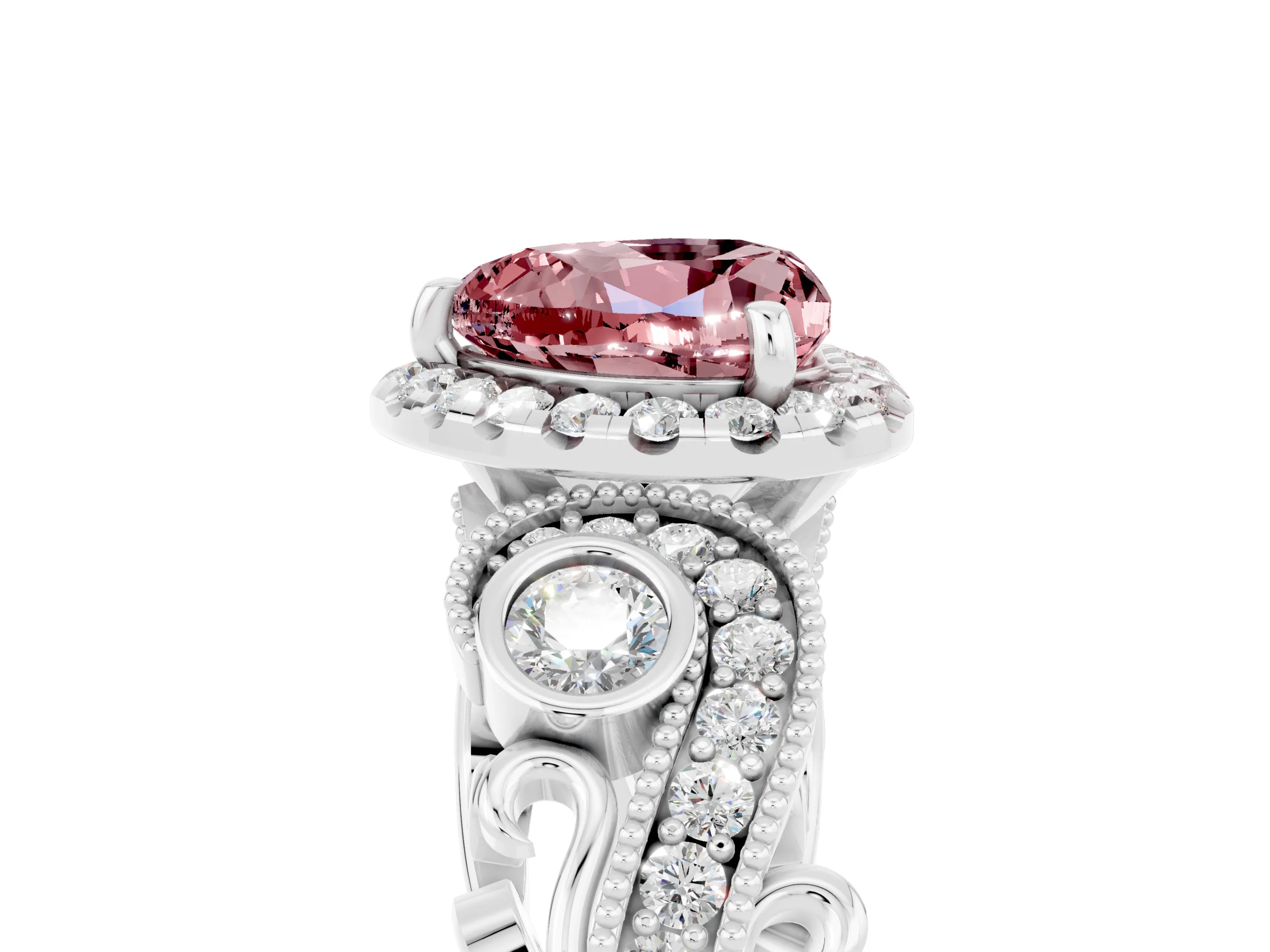 White gold Heart Cut Morganite Halo Ring with Milgrain Pavé Band and Four-Prong Setting_17