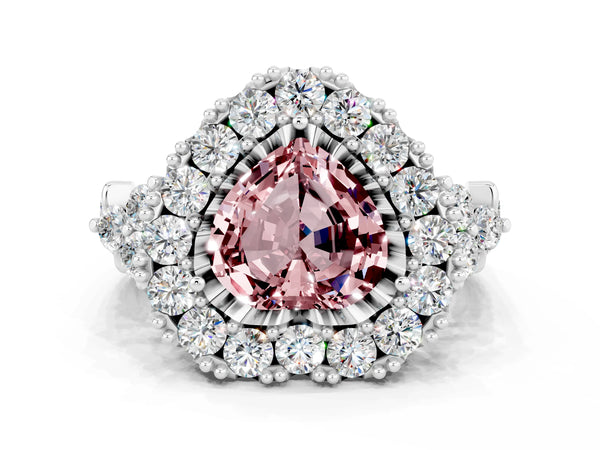 Platinum Heart Cut Morganite Halo Ring with Pavé Band and Four-Prong Setting