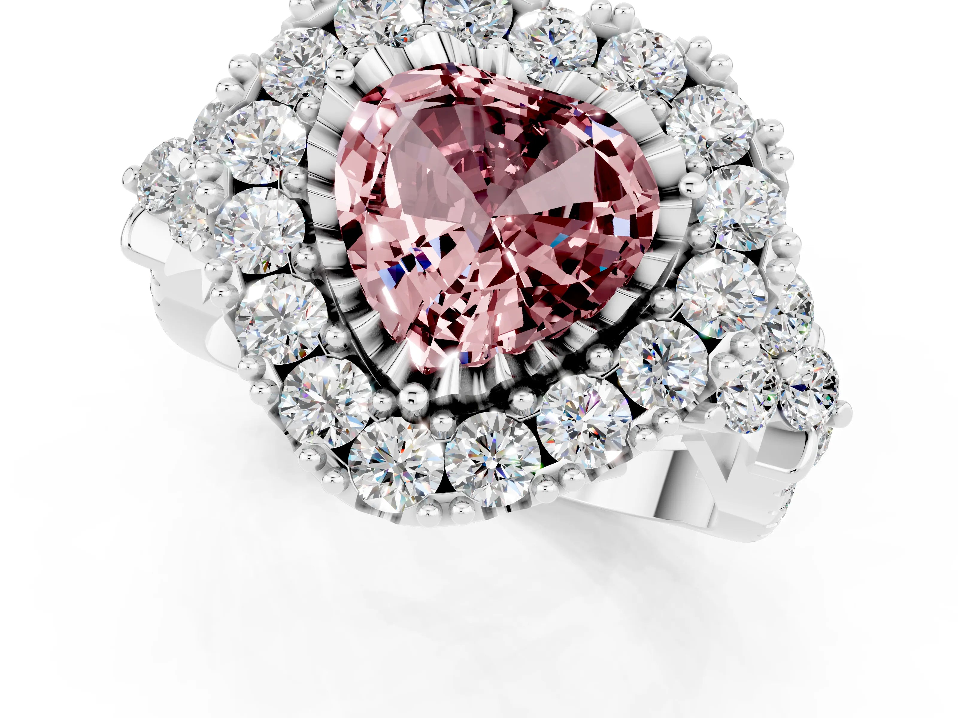 White gold Heart Cut Morganite Halo Ring with Pavé Band and Four-Prong Setting_13