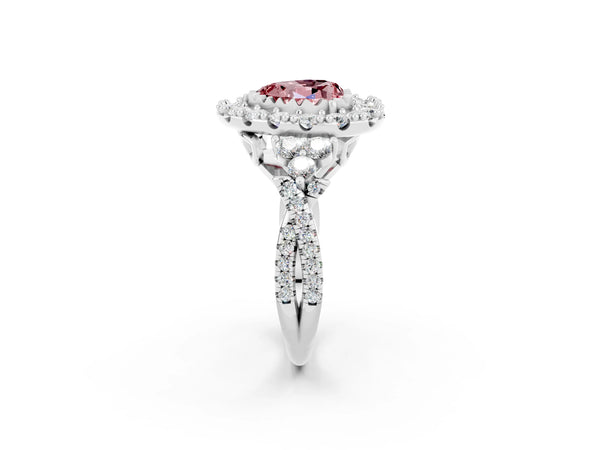 Silver Heart Cut Morganite Halo Ring with Pavé Band and Four-Prong Setting