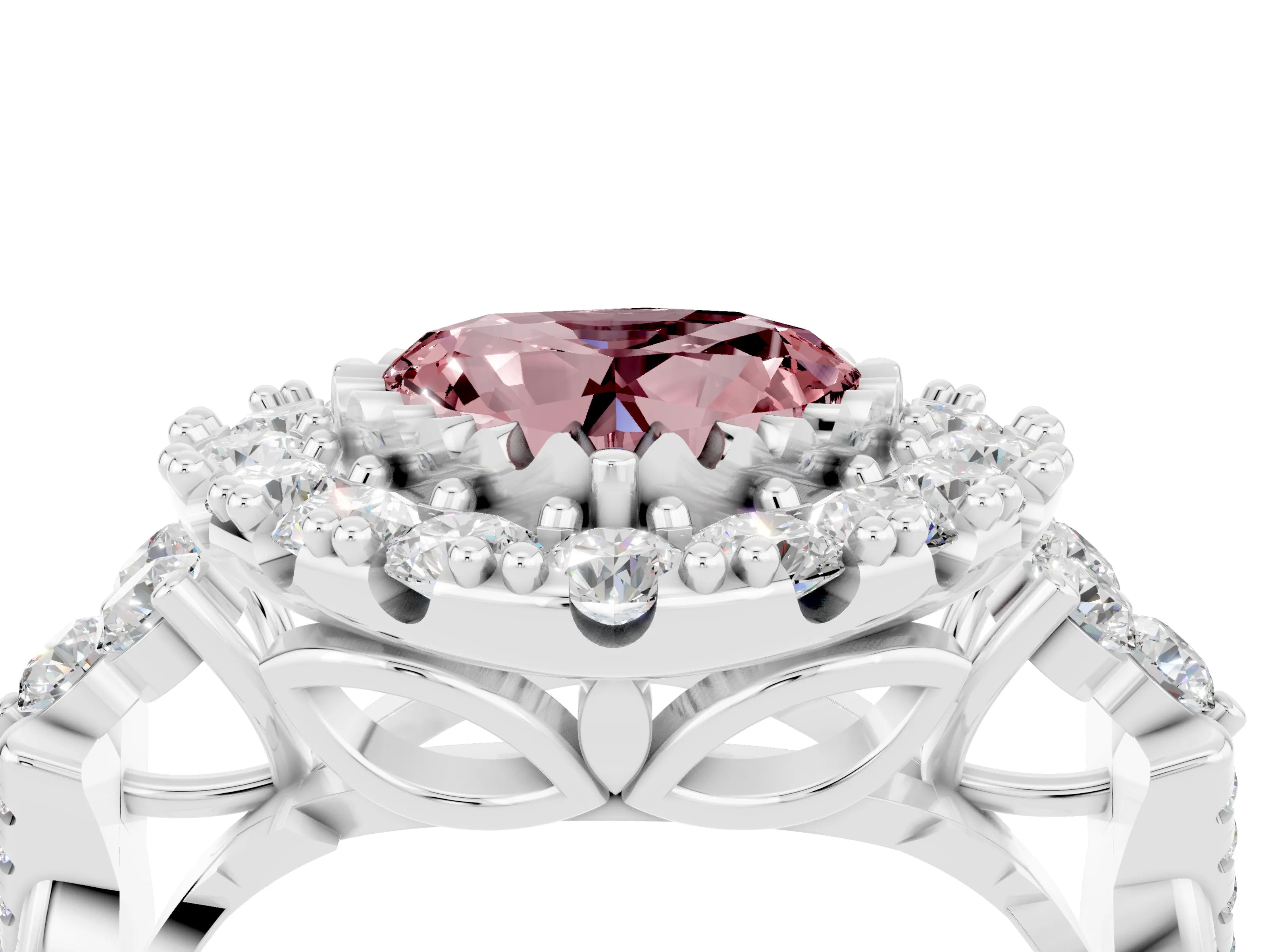 White gold Heart Cut Morganite Halo Ring with Pavé Band and Four-Prong Setting_16