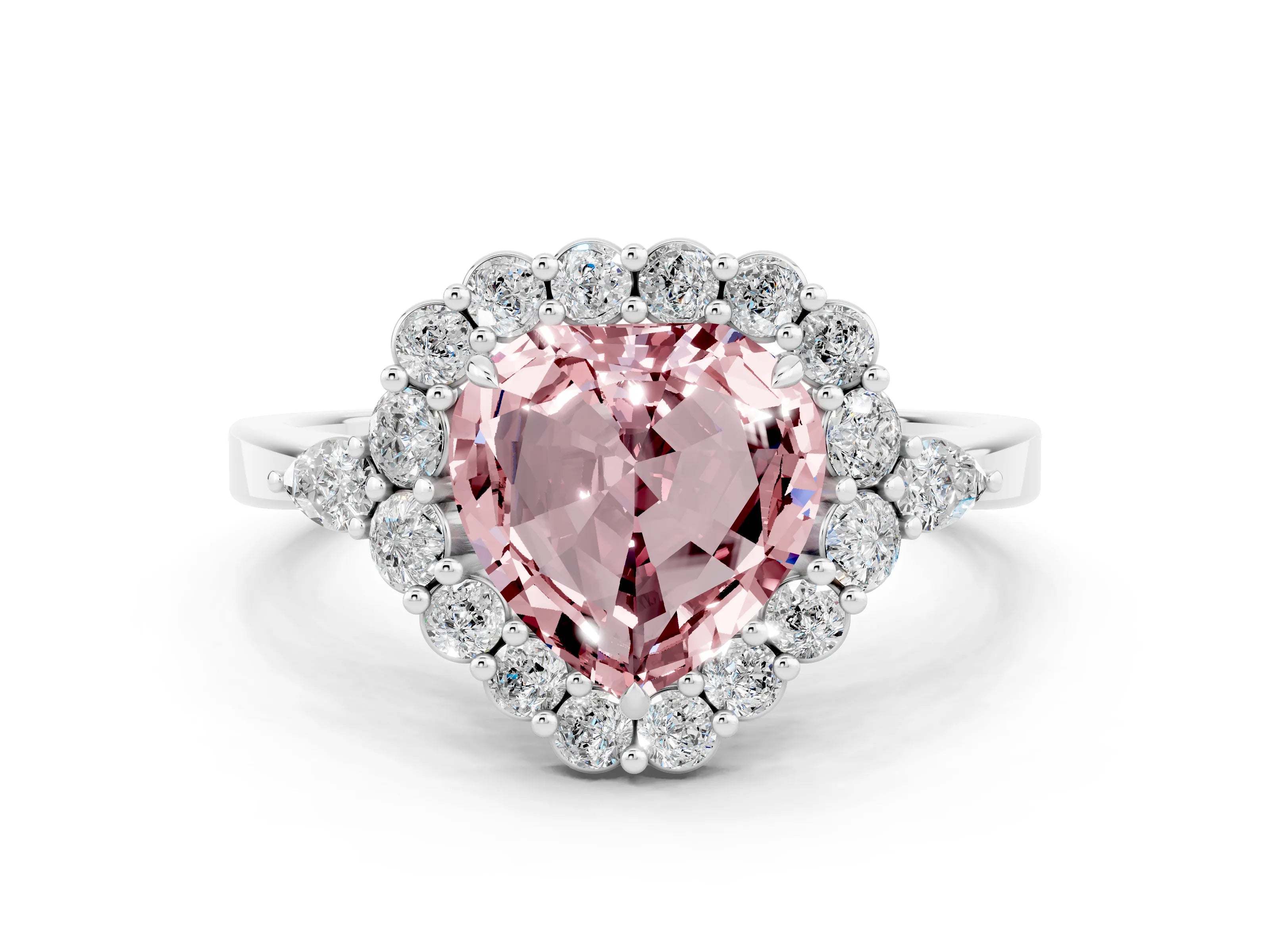 White gold Heart Cut Morganite Halo Ring with Pear Side Stones and Prong Setting_24