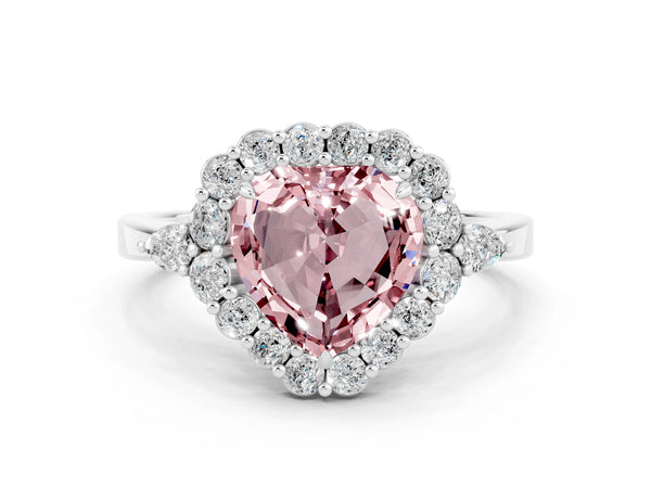 White gold Heart Cut Morganite Halo Ring with Pear Side Stones and Prong Setting