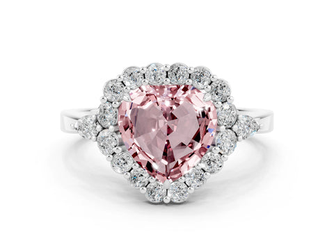White gold Heart Cut Morganite Halo Ring with Pear Side Stones and Prong Setting_24