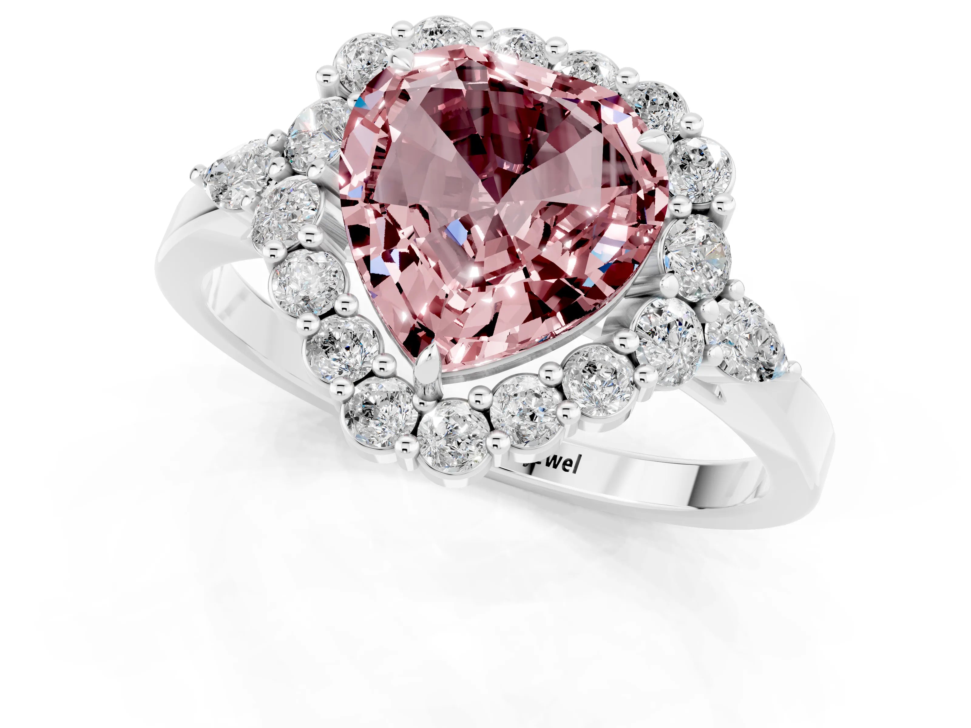 White gold Heart Cut Morganite Halo Ring with Pear Side Stones and Prong Setting_25