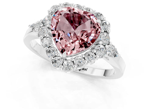 White gold Heart Cut Morganite Halo Ring with Pear Side Stones and Prong Setting_25