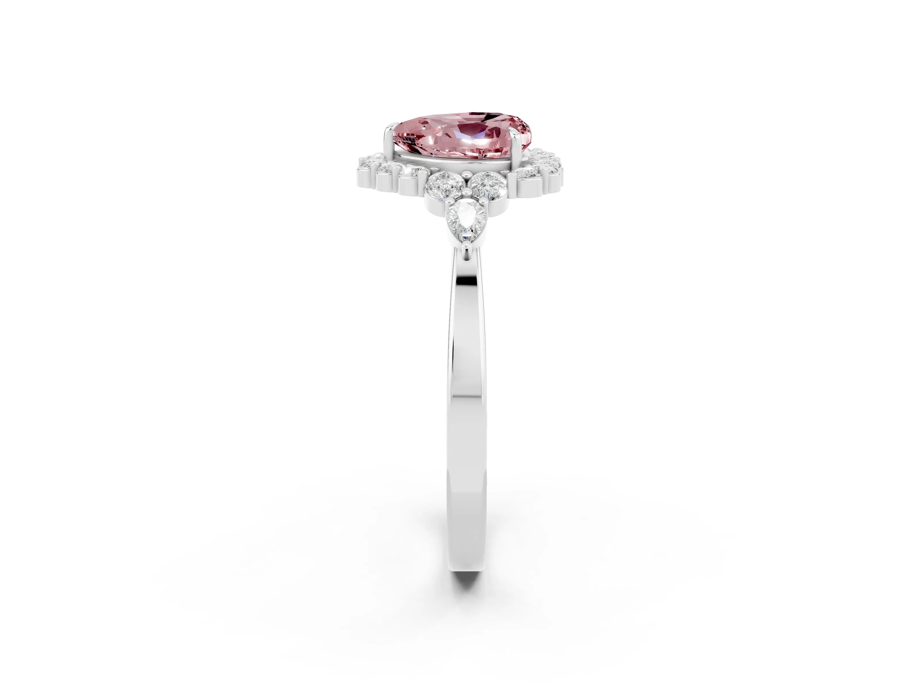 White gold Heart Cut Morganite Halo Ring with Pear Side Stones and Prong Setting_26