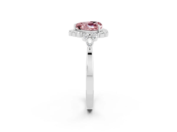 Silver Heart Cut Morganite Halo Ring with Pear Side Stones and Prong Setting
