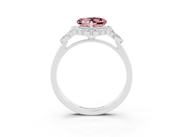 Platinum Heart Cut Morganite Halo Ring with Pear Side Stones and Prong Setting
