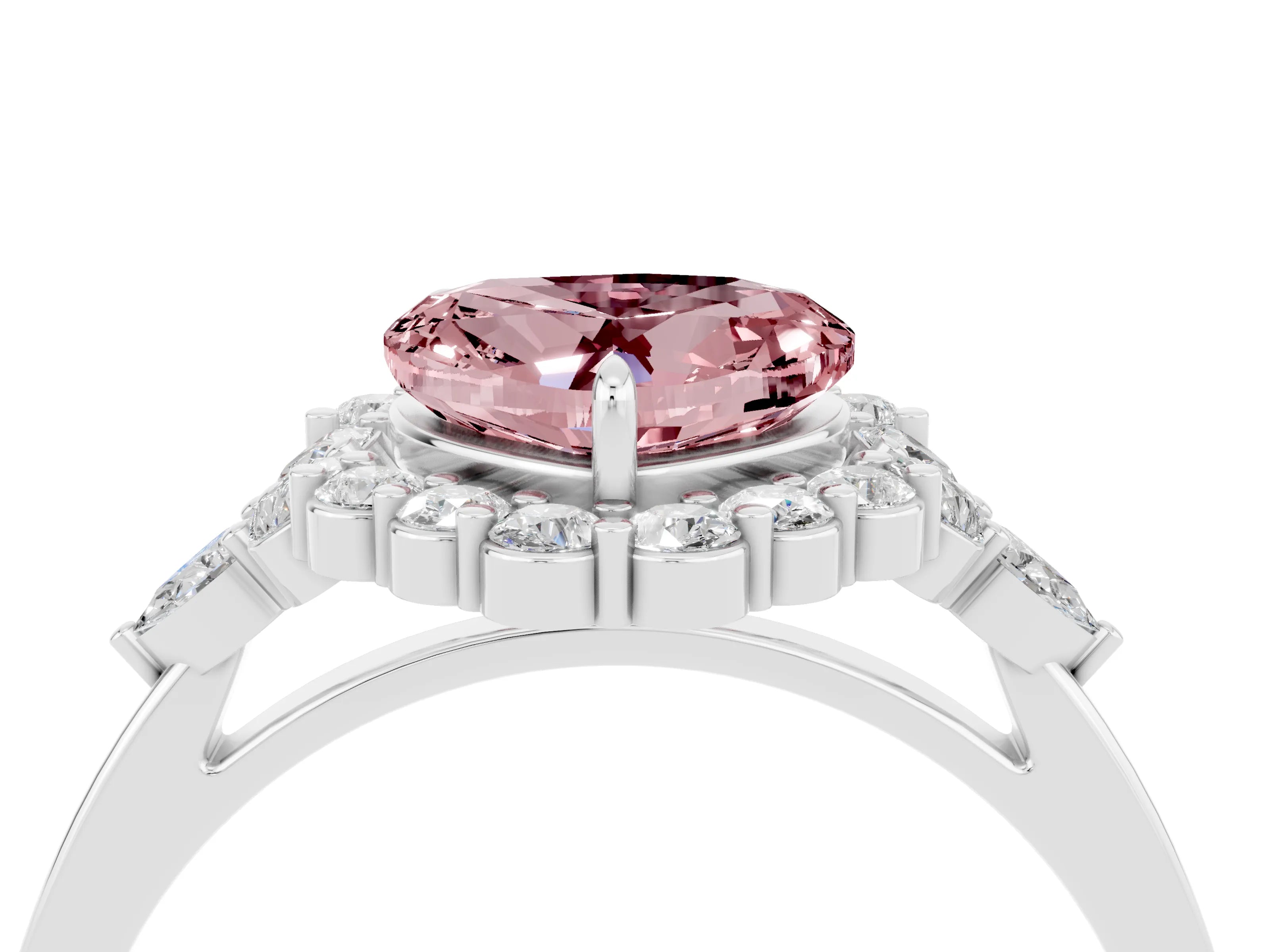 White gold Heart Cut Morganite Halo Ring with Pear Side Stones and Prong Setting_28