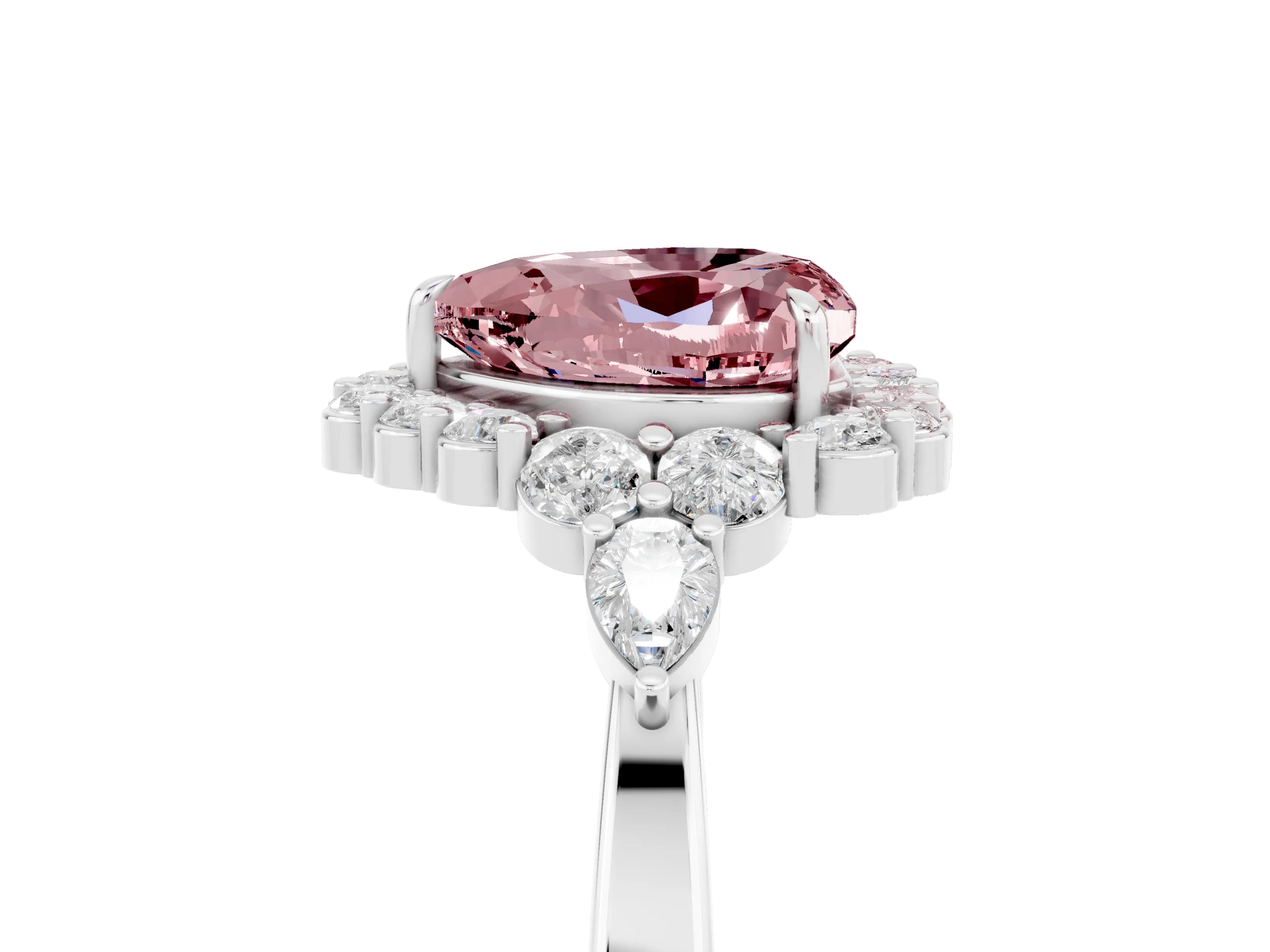 White gold Heart Cut Morganite Halo Ring with Pear Side Stones and Prong Setting_29